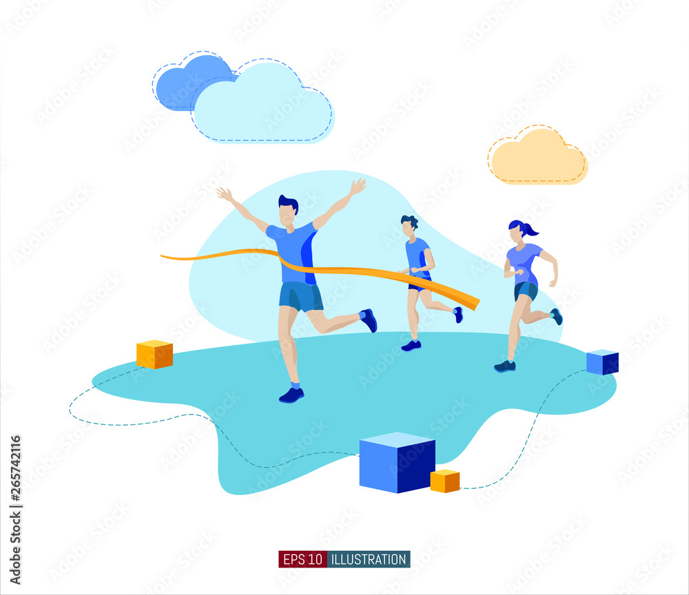 Trendy flat illustration. Best team ever concept. Goal achievement. Runner finish. Successful teamwork. Template for your design works. Vector graphics.
