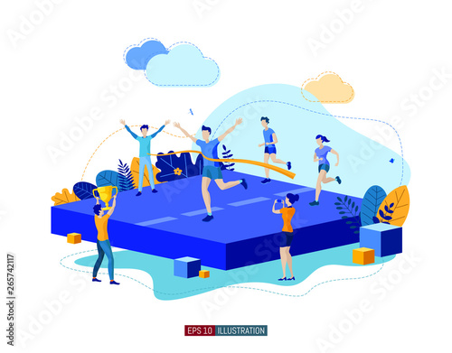 Trendy flat illustration. Best team ever concept. Goal achievement. Runner finish. Successful teamwork. Template for your design works. Vector graphics.