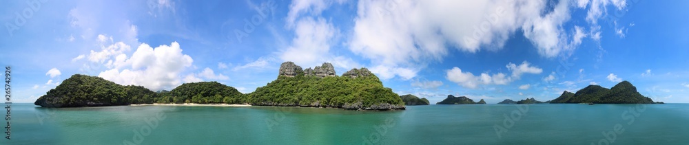 Panorama views of tropical islands against the blue sky at Ang Thong archipelago