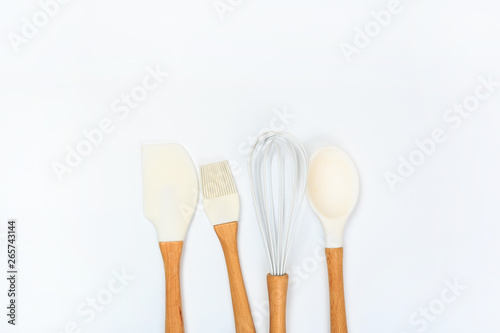 different kitchenware on a colored background top view. Cooking appliances.