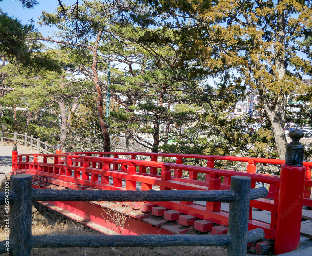 red bridge in the park