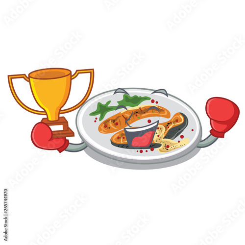 Boxing winner grilled salmon on a cartoon plate