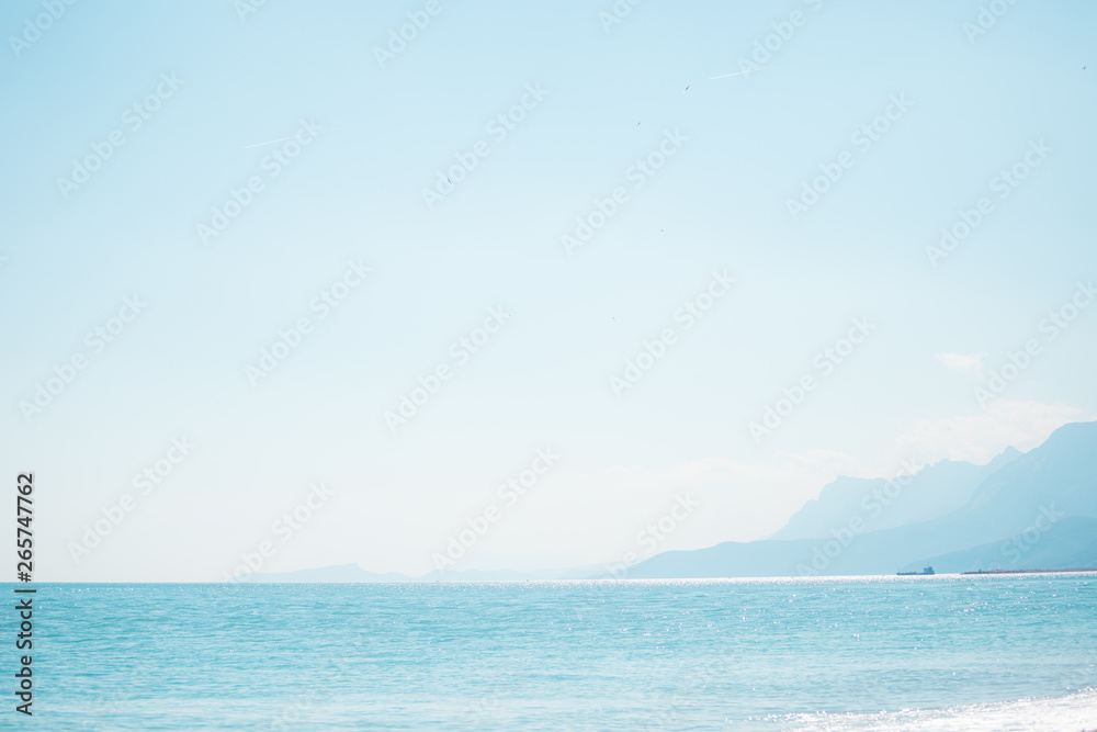 Snow-capped mountains and the sea.