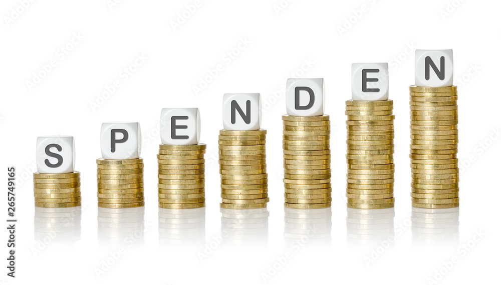 Münzstapel mit Buchstabenwürfeln - Spenden Münzstapel mit Buchstabenwürfeln - Spenden