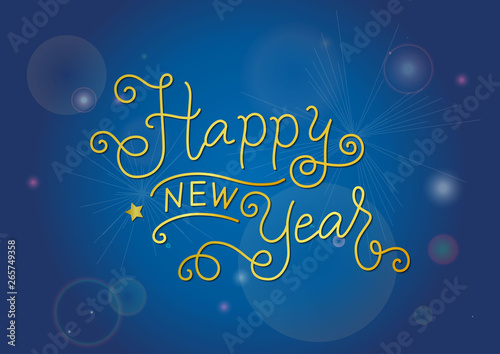 Modern mono line calligraphy lettering of Happy new year in golden on blue background photo