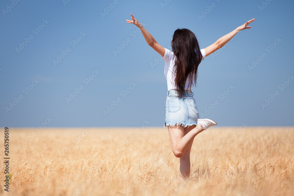 Happy woman enjoying the life in the field Nature beauty, blue sky and field with golden wheat. Outdoor lifestyle. Freedom concept. Woman jump in summer field Happy woman enjoying the life in the field Nature beauty, blue sky and field with golden wheat. Outdoor lifestyle. Freedom concept. Woman jump in summer field