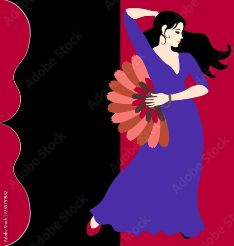 Spanish flamenco dancer dressed in long blue dress with fan on her hand stands against dark red background. Silhouette of guitars. Space for text.