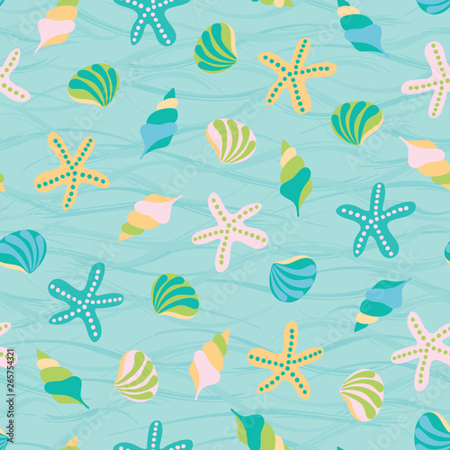 Cute marine vector illustration background. Seamless pattern of seashells. Perfect for fabric, invitations, greeting cards, posters, prints, banners, flyers etc