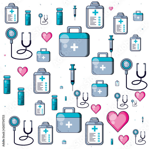 pattern of stethoscopes with first aid kit and icons of medicine