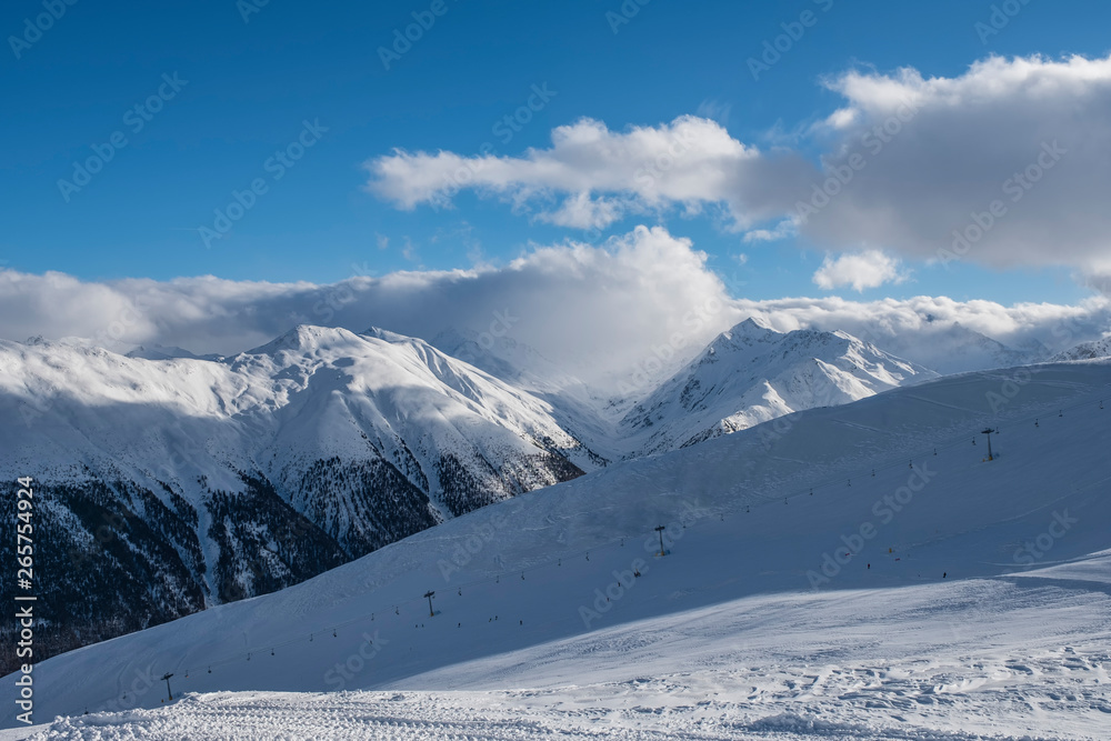Alpine Ski Resort And Ski Slopes in Winter, Livigno, Italy