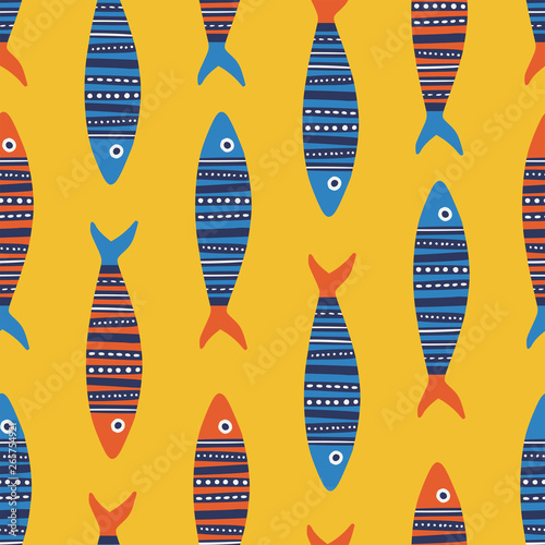 Bright fishes vector seamless pattern in scandinavian style