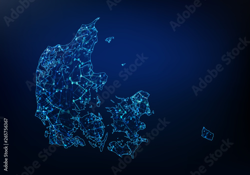 Abstract of denmark map network, internet and global connection concept, Wire Frame 3D mesh polygonal network line, design sphere, dot and structure. Vector illustration eps 10.