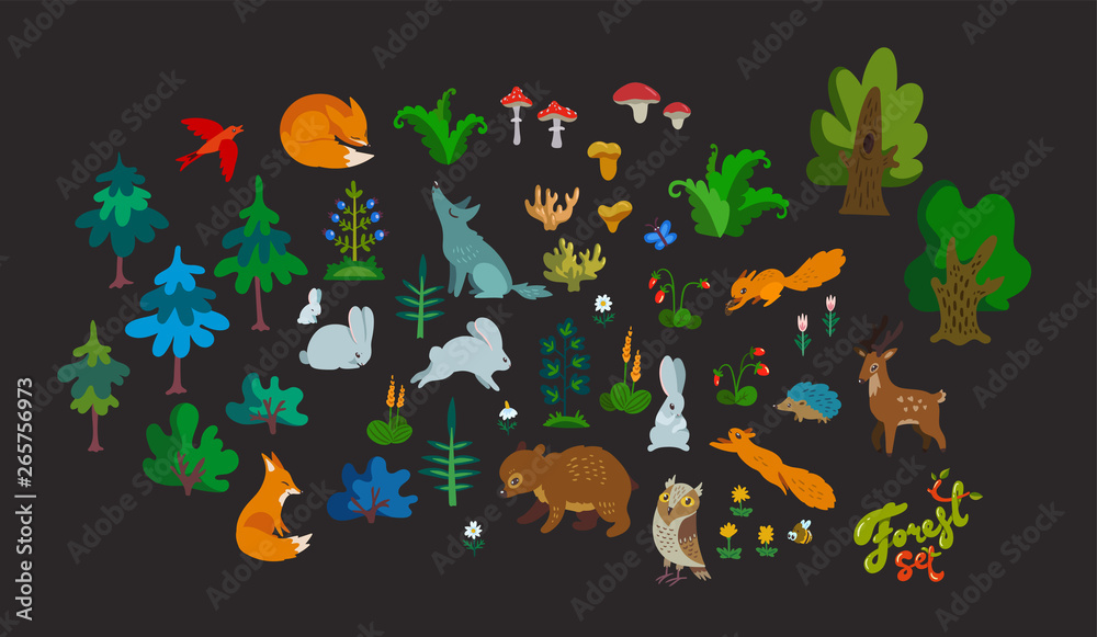 Vector big set of forest elements isolated on dark background. Color cute animal characters, trees and herbs for baby design.