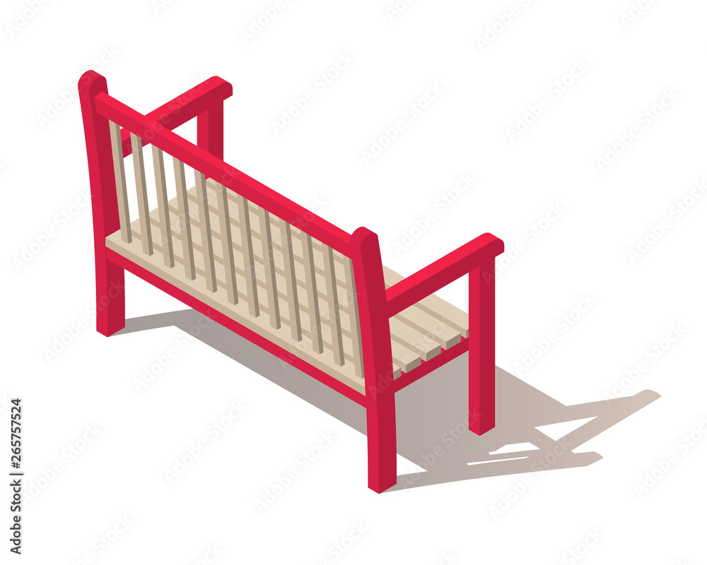 Outdoor park bench. Wooden bench isolated on white background. Isometric vector illustration in flat style with shadow. A place for rest, relaxation and picnic. The element of the Park or grove. Back Outdoor park bench. Wooden bench isolated on white background. Isometric vector illustration in flat style with shadow. A place for rest, relaxation and picnic. The element of the Park or grove. Back