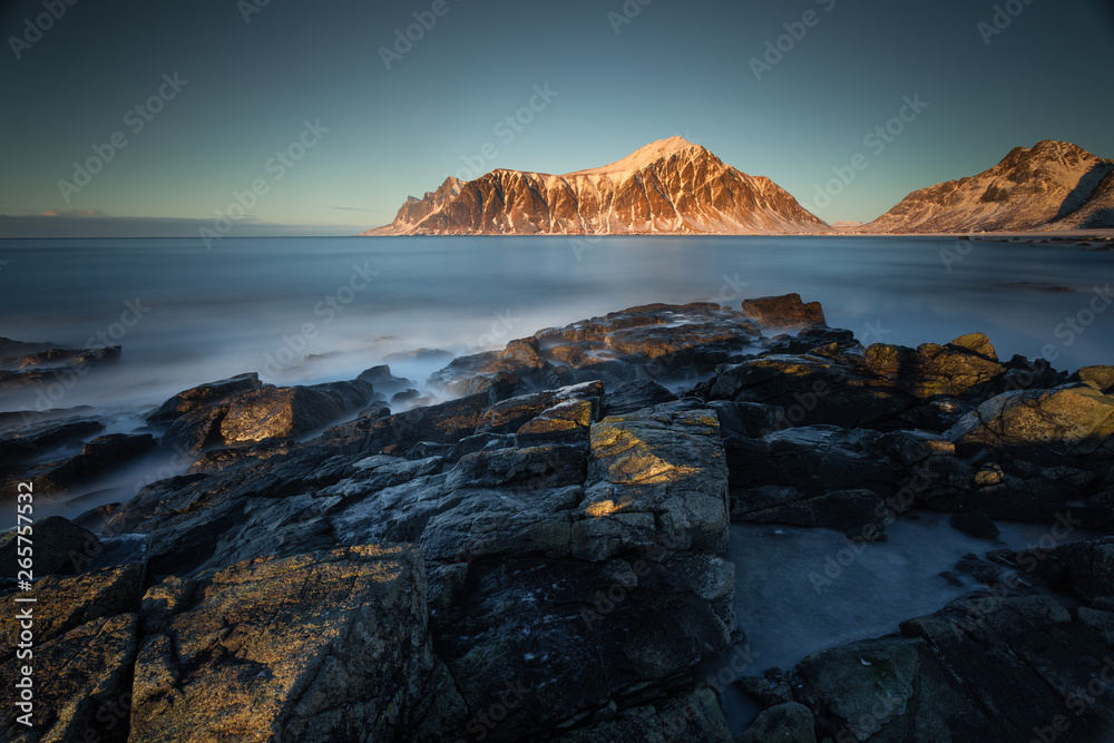 Long exposure during the day on a beach in Lofoten Islands, Norway