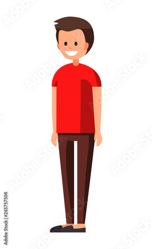 Front view animated character. Designer character. Cartoon style, flat vector illustration of smiling boy with short hair in casual clothes. Standing man.
