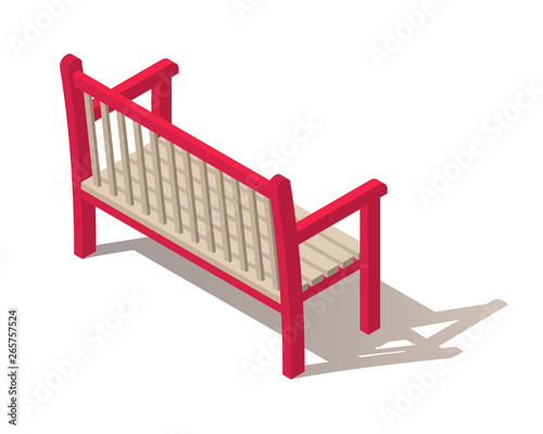 Outdoor park bench. Wooden bench isolated on white background. Isometric vector illustration in flat style with shadow. A place for rest, relaxation and picnic. The element of the Park or grove. Back 