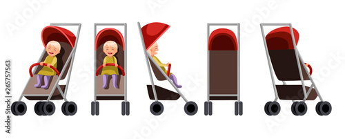 Vector illustration of riding toddlers in prams. Cartoon realistic people illustration. Flat baby. Front, side and back views. Isometric. Children. Baby carriage. Newborn baby.
