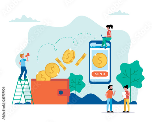 Transfering money, sending money from wallet to smartphone. Small people characters doing various tasks, concept vector illustration in flat style