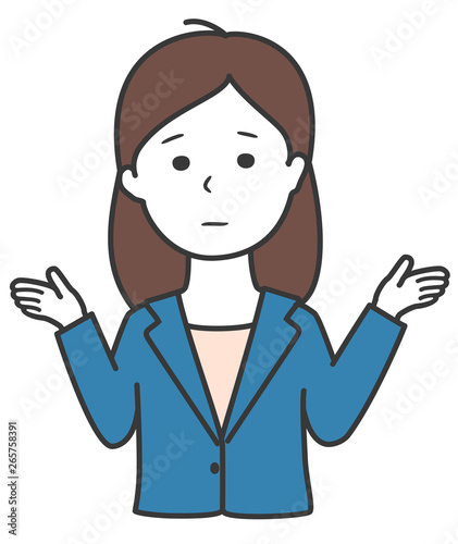 途方にくれて両手を広げるスーツを着た女性