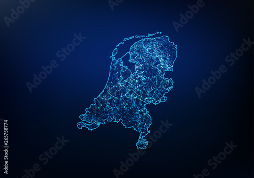 Canvas Print Abstract of netherlands map network, internet and global connection concept, Wire Frame 3D mesh polygonal network line, design sphere, dot and structure