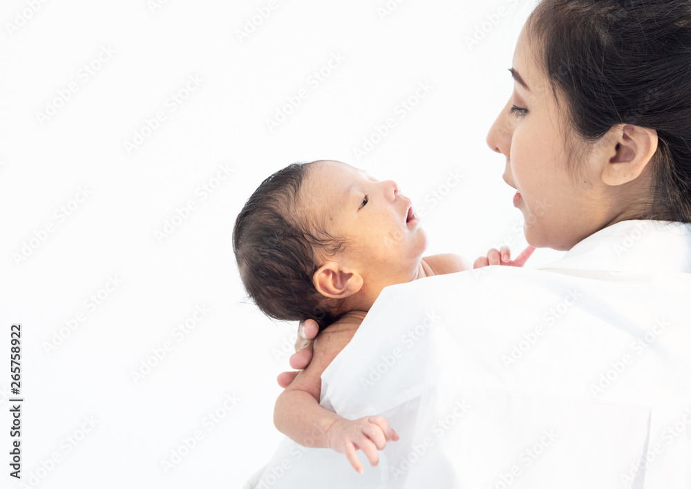 Portrait of Asian young mother  newborn son in living room