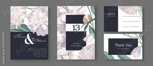 Botanical wedding invitation card. Template design with white peonies flowers and leaves. Modern, realistic style, hand drawn illustration. Collection of Save the Date and RSVP in vector EPS format.