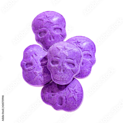 amphetamine, Blue, pink, purple army Skull, Ecstasy, XTC pills isolated on a white background.