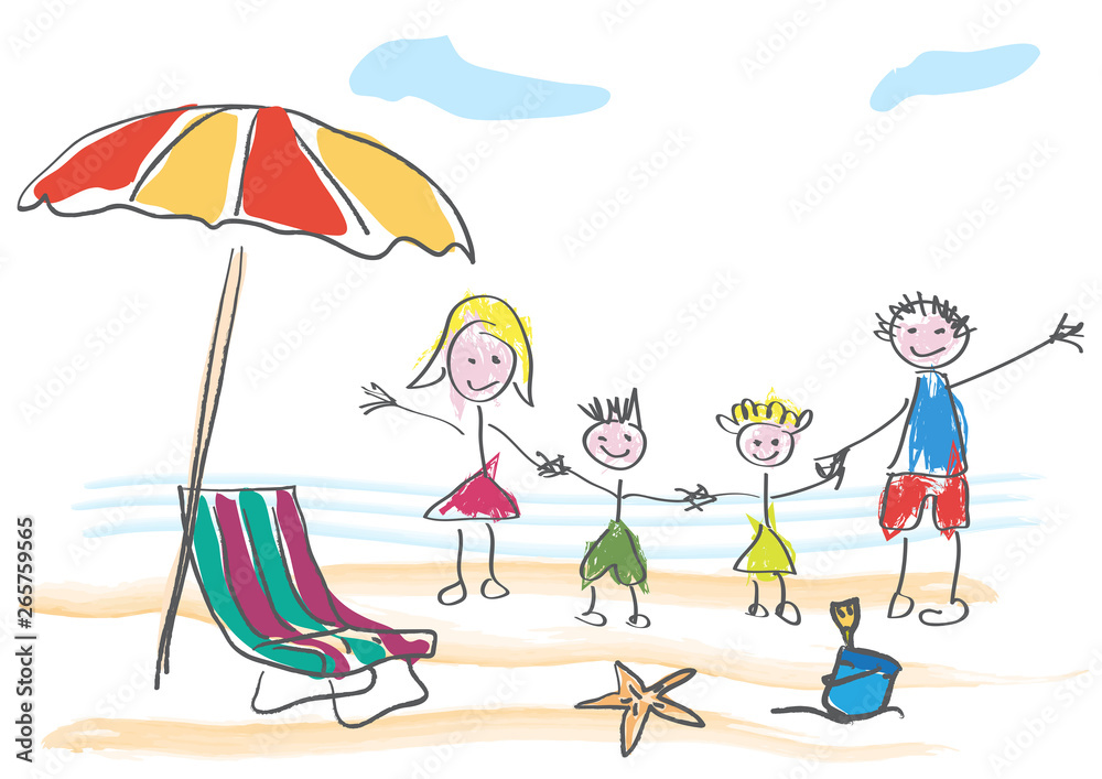 Vector drawing made by a child, happy family on summer vacation at the beach and sea Vector drawing made by a child, happy family on summer vacation at the beach and sea