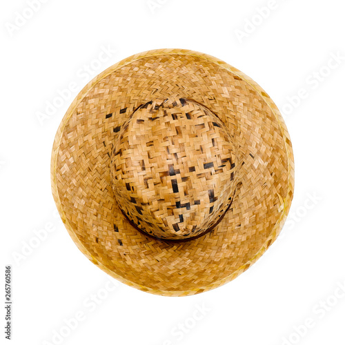 Straw Hat for Man Isolated on white Background with Clipping Path. Beautiful Top View Brown Summer Hat for People. Vintage Beach Cap Object with High Angle View, Trendy Fashion Clothes Concept.