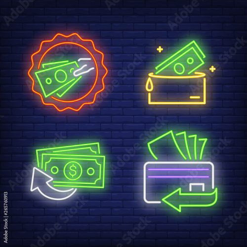 Credit card, wallet and banknotes neon signs set
