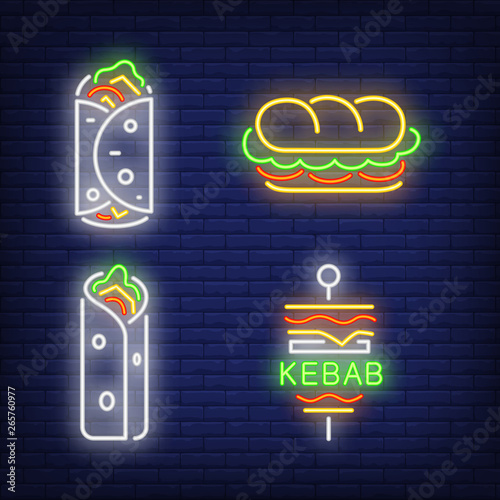 Doner kebab and shawarma neon signs set