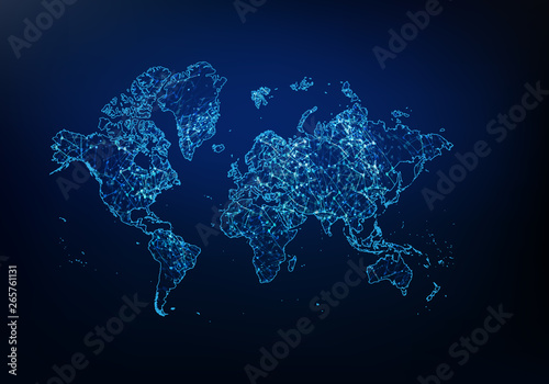 Fototapeta Naklejka Na Ścianę i Meble -  Abstract of world map network, internet and global connection concept, Wire Frame 3D mesh polygonal network line, design sphere, dot and structure. Vector illustration eps 10.