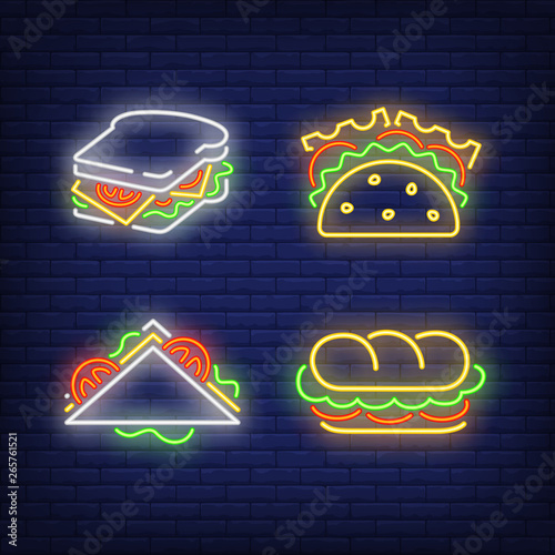 Sandwiches with cheese, tomatoes and lettuce neon signs set