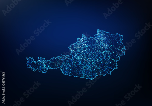 Fototapeta Abstract of austria map network, internet and global connection concept, Wire Frame 3D mesh polygonal network line, design sphere, dot and structure