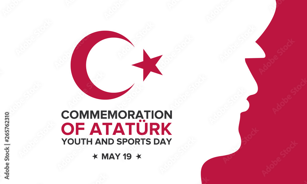 Commemoration of Ataturk, Youth and Sports Day. Celebrated annual in may 19. 100 years anniversary. National holiday in Turkey. Poster, card, banner and background. Vector illustration