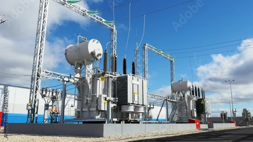 electric substation with power lines and transformers on day photo