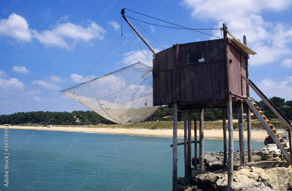 France; fishermen hut with net in Normandie France; fishermen hut with net in Normandie