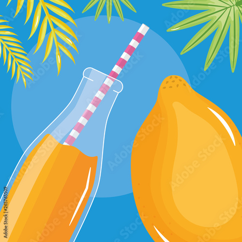 fresh papaya juice fruit in botttle with straw in leafs palms