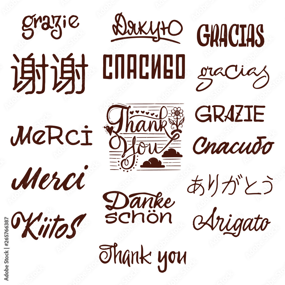 Thanks in different languages, calligraphy lettering handmade