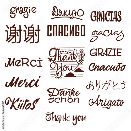 Thanks in different languages, calligraphy lettering handmade