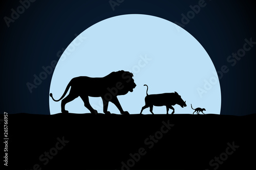Leinwand Poster Lion, warthog and woodchuck silhouette on a moon background