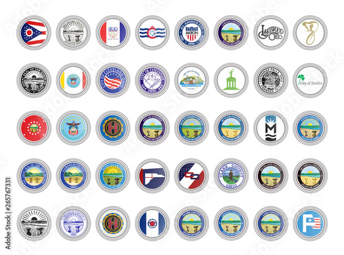Set of vector icons. Flags and seals of Ohio state, USA. 3D illustration.  