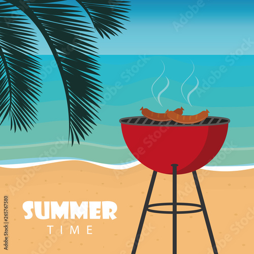 summer time barbeque on the beach with palm leaf vector illustration EPS10