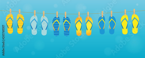 colorful pattern flip flops hanging on a rope on turquoise background summer holiday design vector illustration EPS10