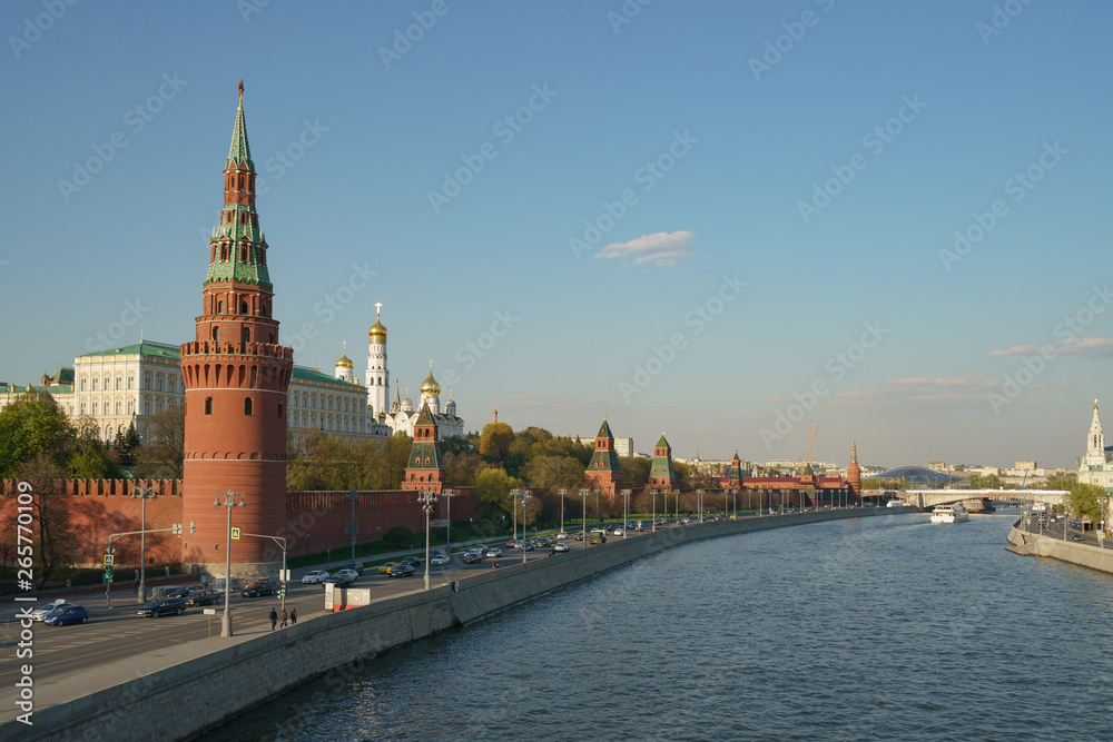 Moscow cityscape. Red Kremlin wall, Residence of the President of the Russian Federation, Ivan the Great Belltower, Moskva river and highways nearby