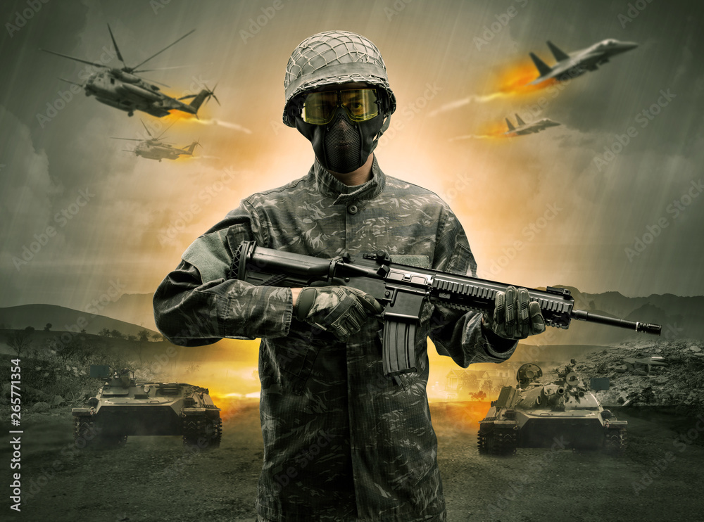 Armed soldier with sniper in the middle of a war
Armed soldier with sniper in the middle of a war