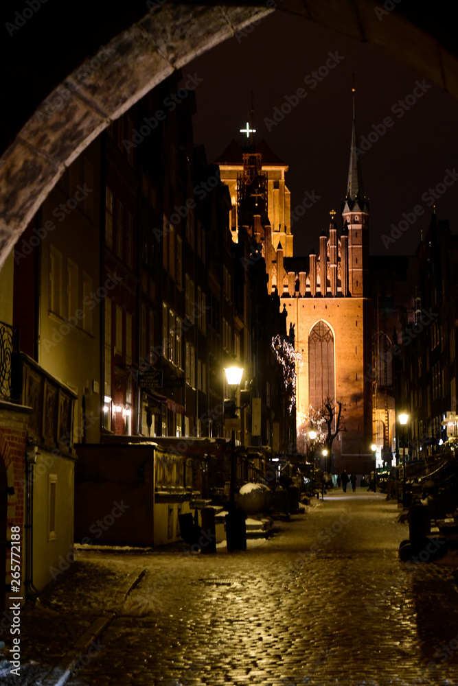 Architecture of the nighty old town in Gdansk