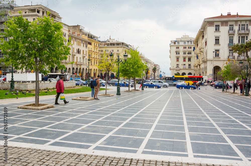 Editorial. April 2019. THESSALONIKI, GREECE. Square Archeas Agoras and a pedestrian street on a smartphone in Thessaloniki, Greece