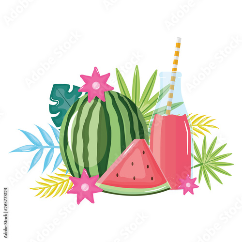 fresh watermelon juice fruit in botttle with straw in floral decoration